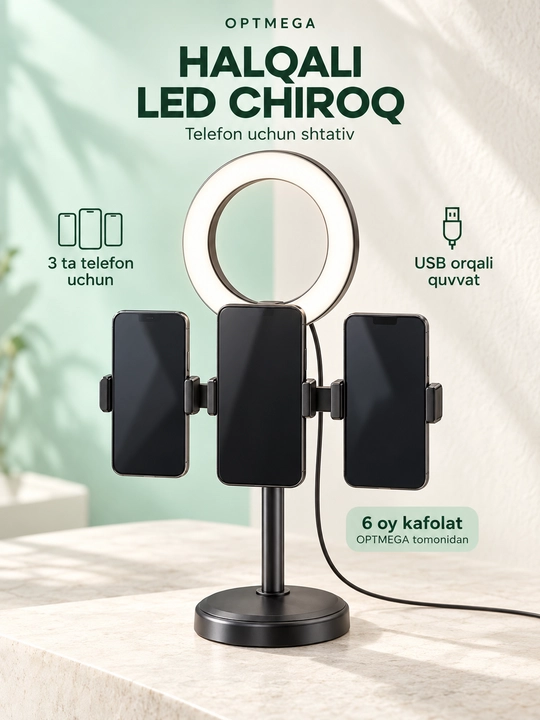 Studiya uchun CXB-160A halqali chiroq, 16 sm, shtativ va telefon ushlagichi bilan, qutida