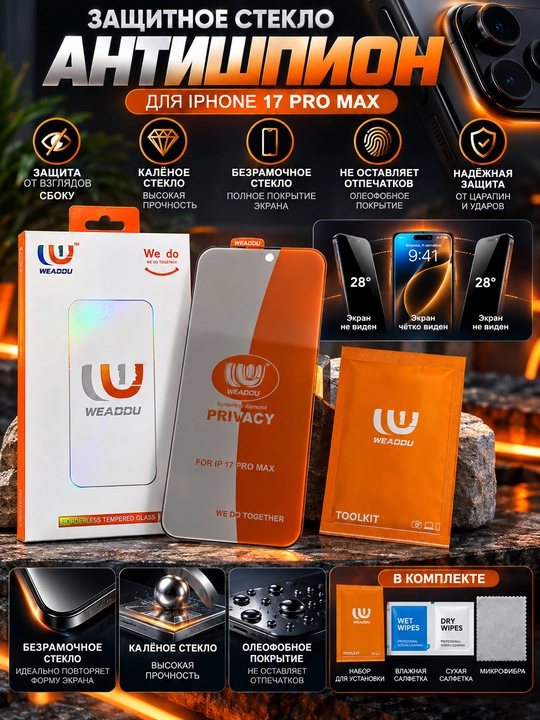Защитное стекло 3D антишпион безрамочное для iPhone 13,14,15,16,17, Pro и Pro Max - 