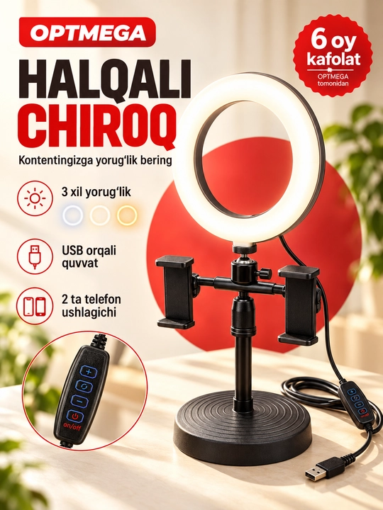 Studiya uchun CXB-160A halqali chiroq, 16 sm, shtativ va telefon ushlagichi bilan, qutida