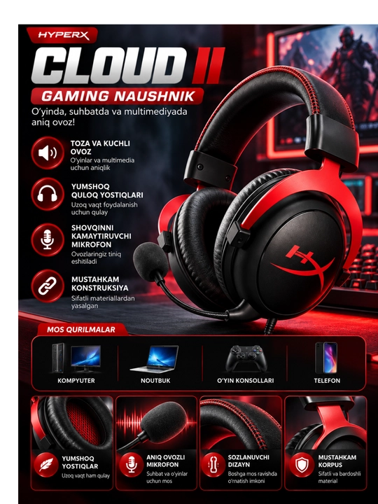 Cloud II Gaming Naushnik, Mikrofonli Simli Quloqchin, Kompyuter va Konsol uchun - 