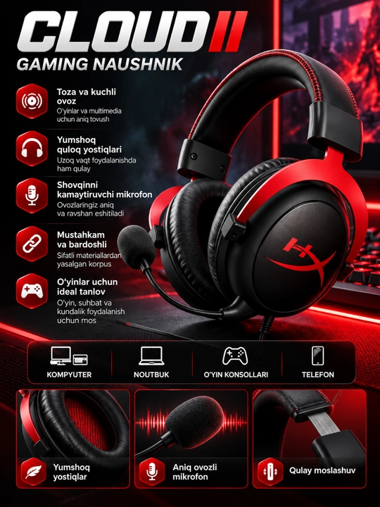 Cloud II Gaming Naushnik, Mikrofonli Simli Quloqchin, Kompyuter va Konsol uchun