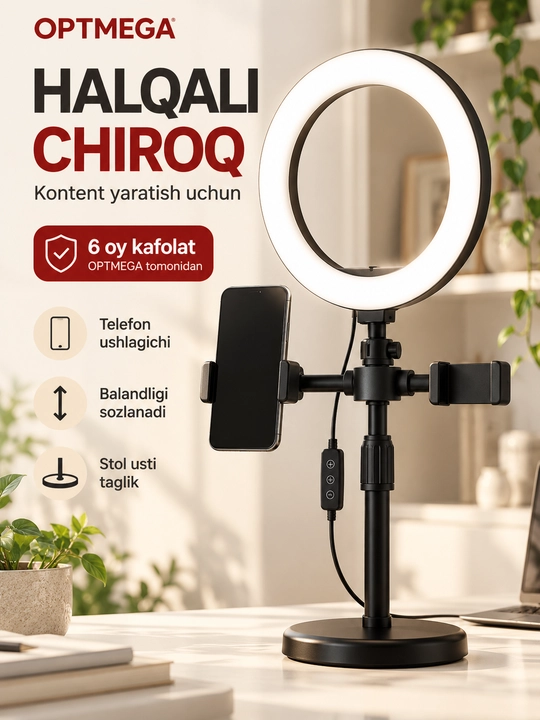 Studiya uchun CXB-160A halqali chiroq, 16 sm, shtativ va telefon ushlagichi bilan, qutida