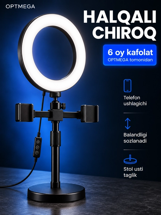 Studiya uchun CXB-160A halqali chiroq, 16 sm, shtativ va telefon ushlagichi bilan, qutida