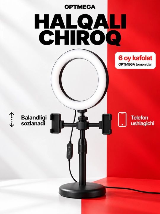 Studiya uchun CXB-160A halqali chiroq, 16 sm, shtativ va telefon ushlagichi bilan, qutida