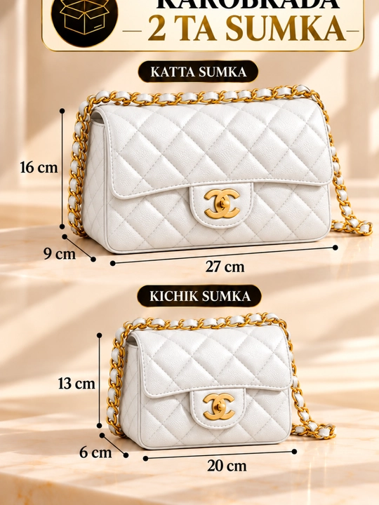Chanel uslubidagi ayollar yelka sumkasi, zanjirli qavilgan model, karobkada 2 sumka
