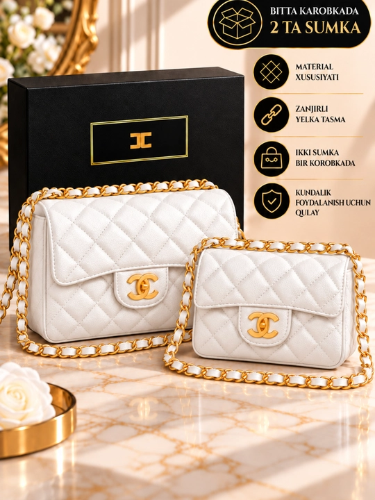 Chanel uslubidagi ayollar yelka sumkasi, zanjirli qavilgan model, karobkada 2 sumka