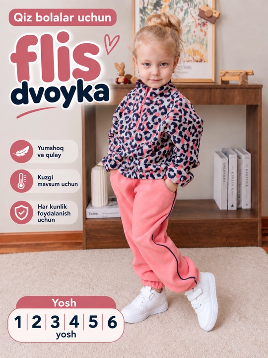 Флисовая двойка для девочек 1–6 лет для осени, зимы, толстовка на замке, брюки с карманами