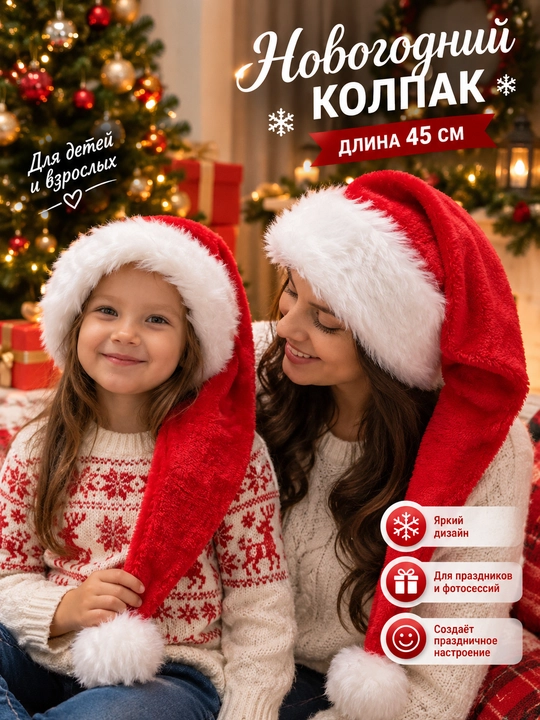 Новогодний колпак, Колпак деда мороза на новый год,  длина 45 см