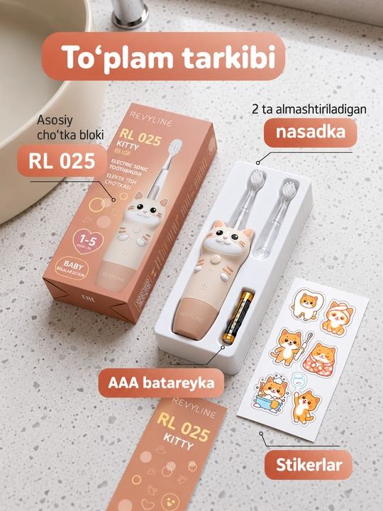 Bolalar uchun elektr tish cho‘tkasi Revyline RL 025 Baby, tovushli, 1–5 yosh, 4 rejim