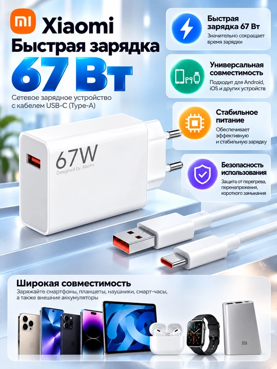 Адаптер питания Xiaomi 67W / 120W HyperCharge Combo (Type-A) — комплект с кабелем USB-C - 