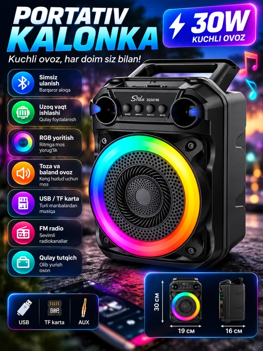 Портативная Bluetooth колонка с RGB, USB, TF, AUX и FM, размер 30×19×16 см - 