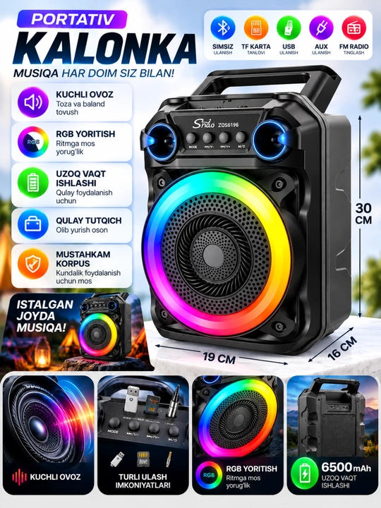 Portativ Bluetooth Kalonka RGB, Simsiz Karnay, USB TF AUX FM, 30×19×16 sm