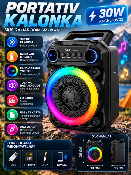 Portativ Bluetooth Kalonka RGB, Simsiz Karnay, USB TF AUX FM, 30×19×16 sm