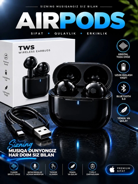 Черные беспроводные TWS-наушники, Bluetooth 5.0, округлый дизайн, с зарядным кейсом - 