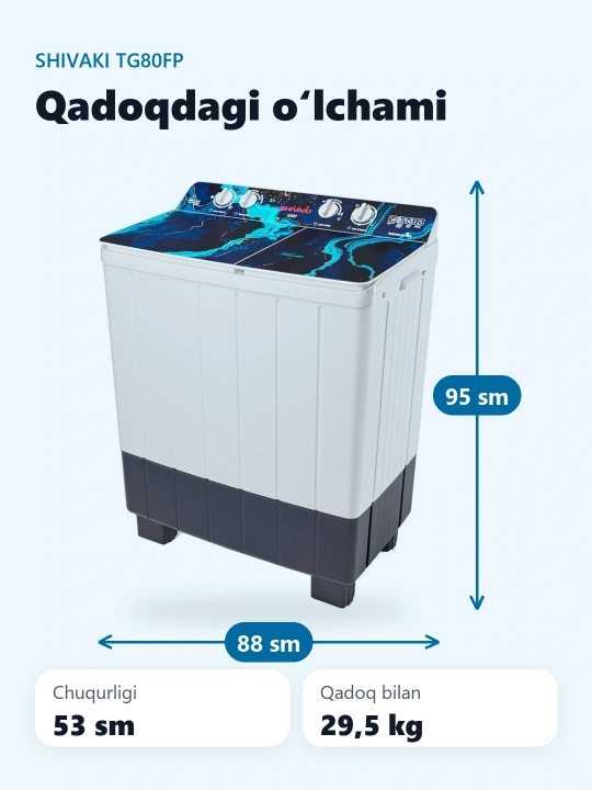 Kir yuvish mashinasi yarim avtomatik Shivaki, 8 kg, TG80FP