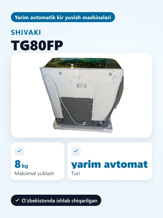 Kir yuvish mashinasi yarim avtomatik Shivaki, 8 kg, TG80FP