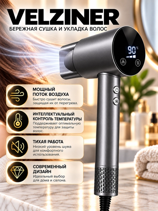 Фен для волос, фен-стайлер для сушки и укладки, 3 скорости,4 температуры,магнитные насадки