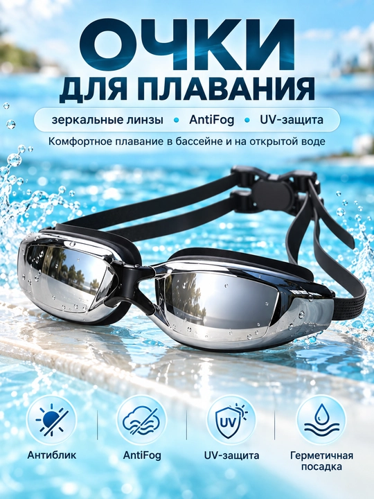 Спортивные очки для плавания, очки для бассейна, зеркальные AntiFog с UV-защитой - 