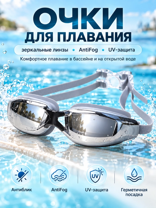 Спортивные очки для плавания, очки для бассейна, зеркальные AntiFog с UV-защитой - 