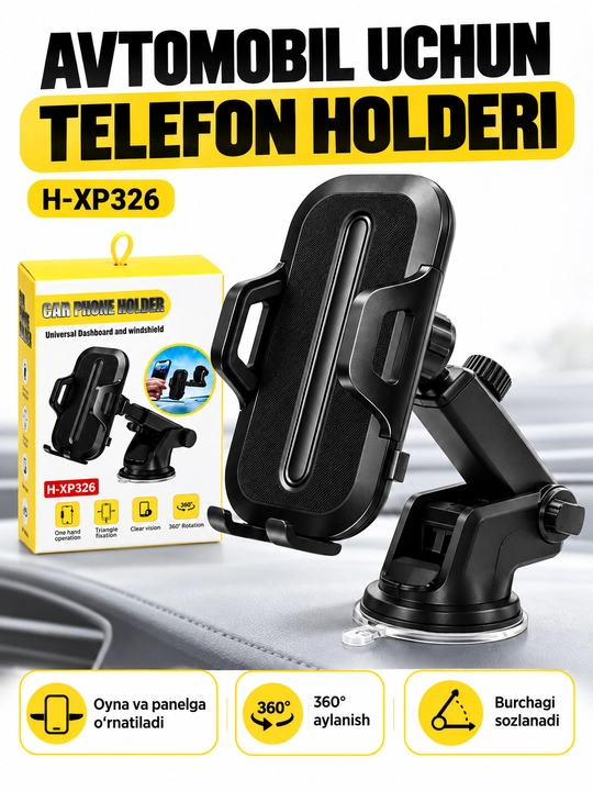 H-XP326 telefon uchun so‘rg‘ichli avtomobil tutqichi, 360° burilish imkoniyatiga ega° - 