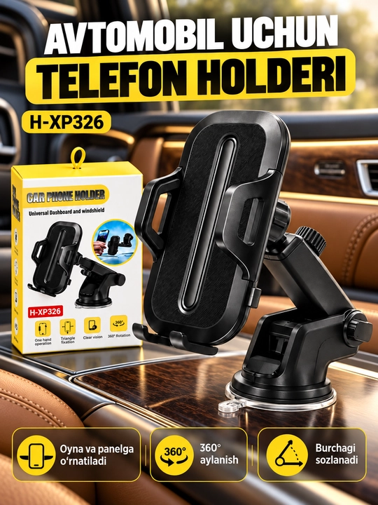 H-XP326 telefon uchun so‘rg‘ichli avtomobil tutqichi, 360° burilish imkoniyatiga ega°