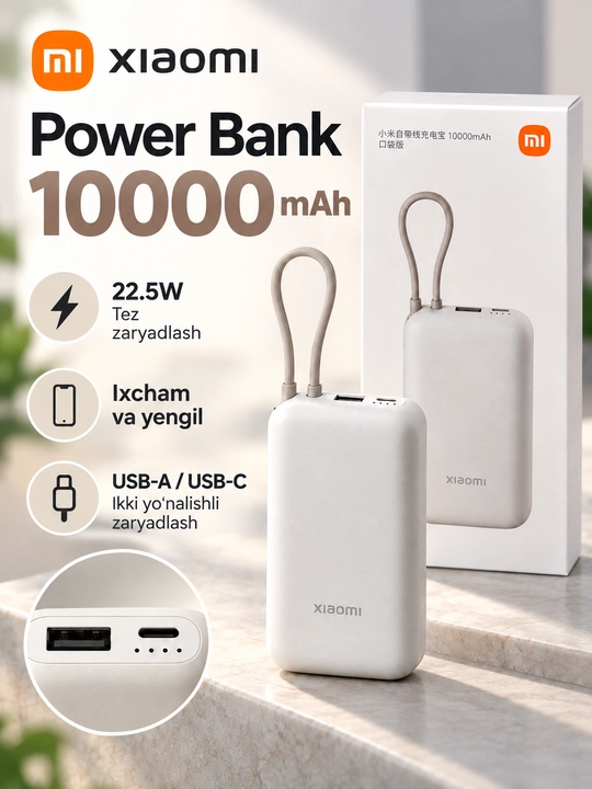 Power bank,Tashqi akkumulyator MI 10000 va XIAOMI 10000 type-c kabeli bilan 3 portli
