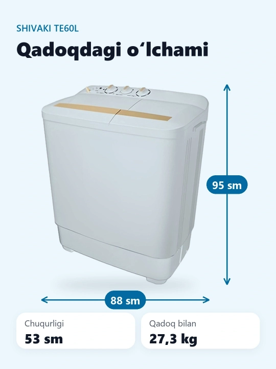 Shivaki TE60L Gold kir yuvish mashinasi yarim avtomatik