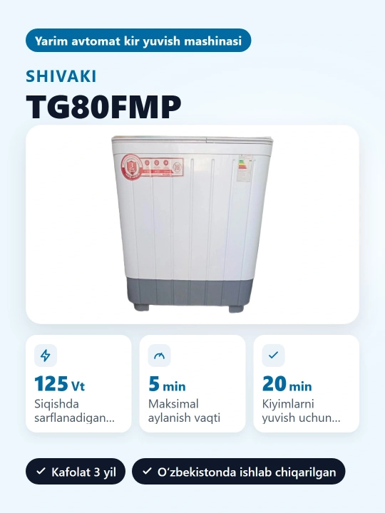 Kir yuvish mashinasi yarim avtomatik Shivaki TG80FMP