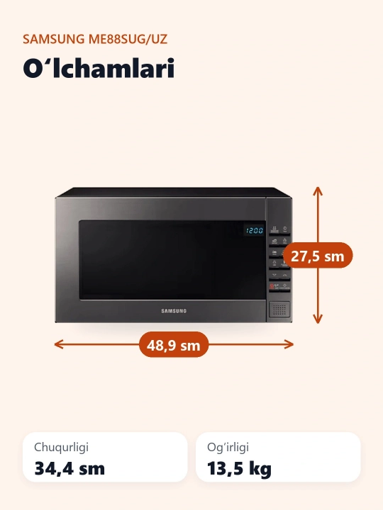 Keramik emal qoplamali Samsung ME88SUG/UZ mikroto‘lqinli pechi, 23 litr
