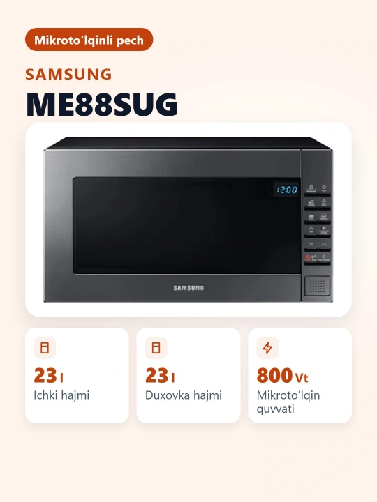 Keramik emal qoplamali Samsung ME88SUG/UZ mikroto‘lqinli pechi, 23 litr