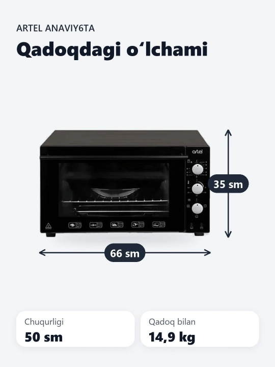 Artel mini pechi, 42 litr, gril funksiyasi, an'anaviy, 6 ta isitish rejimi