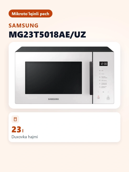 Mikroto'lqinli pech MG23T5018AE/UZ grillik, keramik emal bilan qoplangan, 23 litr