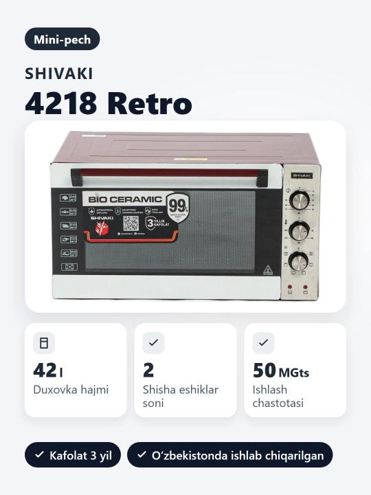 Mini pech Shivaki 4218, 42 litr, grill, konveksiya, avtomatik o'chirish funktsiyalar bilan