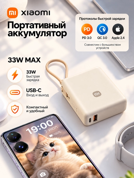 Power bank,Tashqi akkumulyator MI 10000 va XIAOMI 10000 type-c kabeli bilan 3 portli
