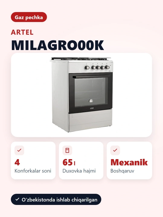 Kombinatsiyali plitasi Artel Milagro 00-K, elektr pechi bilan