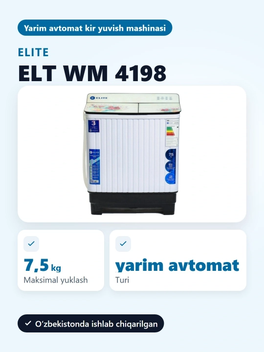 Yarim avtomat kir yuvish mashinasi Elite WM-4198, 7.5 kg