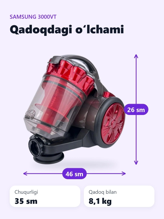 Quvvati 3000 Vt bo‘lgan Samsung MX-1602 changyutgichi, 4 litrli chiqindi idishi, HEPA-filtr