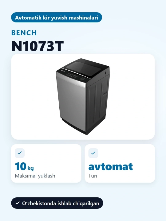 Kir yuvish mashinasi Bench BT-N1073T DD Mator, 10 kg, avtomat isitgichisiz