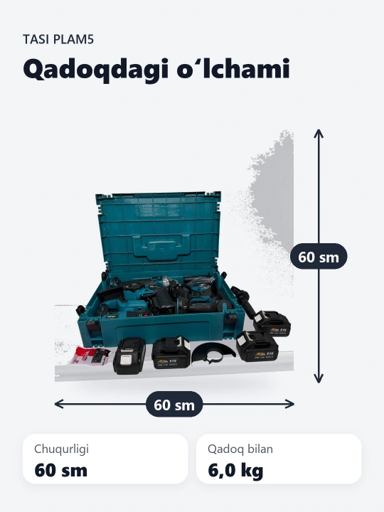 Akkumulyatorli to'plam,5 tasi 1 da, perforator, shurupburagich,gaykaburagich,bolgarka,arra