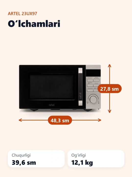 Artel 23UX97 800 Vt, mexanik, 23 litrli mikroto‘lqinli pech