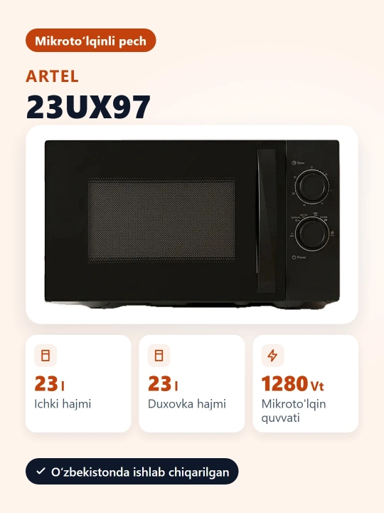 Artel 23UX97 800 Vt, mexanik, 23 litrli mikroto‘lqinli pech