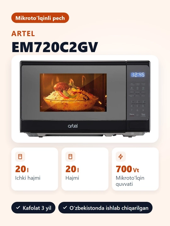 Mikroto'lqinli pech ARTEL EM720C2GV, 20 l, oshxona uchun