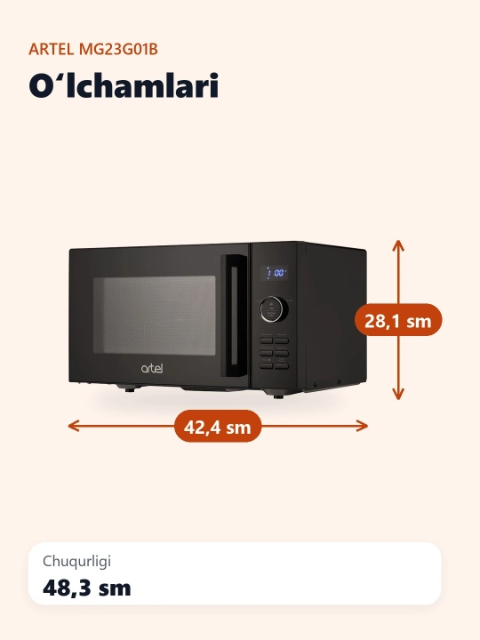 Mikroto'lqinli pech Artel MG23G01B, raqamli 900 Vt