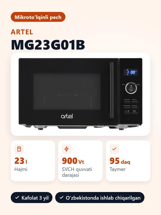 Mikroto'lqinli pech Artel MG23G01B, raqamli 900 Vt