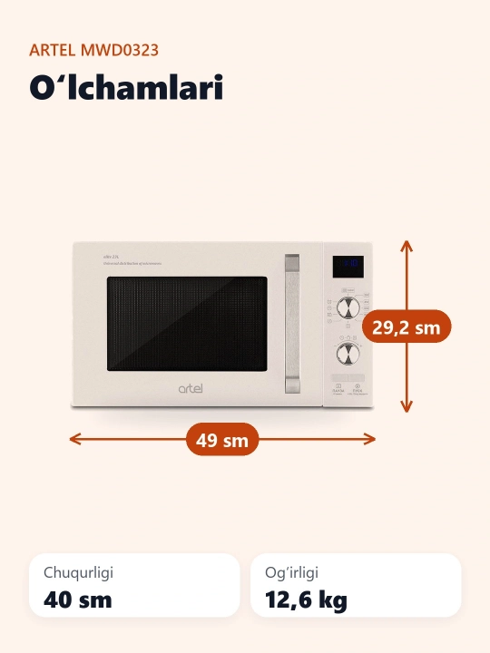 Mikroto'lqinli pech Artel MWD 0323, 23 l Auto-menyu funksiyasi va ovozli taymer bilan