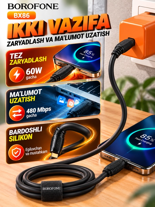 Кабель BOROFONE BX86 Type-C to Type-C 60W, зарядка для телефонов Honor, 1 м - 
