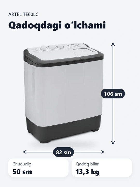 Artel TE60LC yarim avtomatik kir yuvish mashinasi