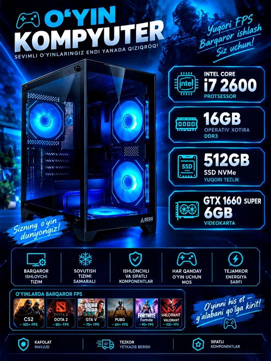 Intel Core i7 o‘yin kompyuteri 16GB RAM 512GB SSD NVMe Videokarta GTX1660TS Akvarium