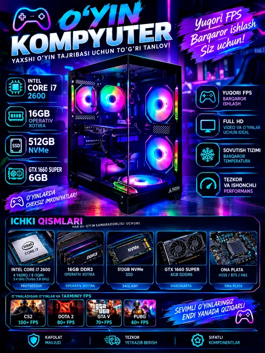 Intel Core i7 o‘yin kompyuteri 16GB RAM 512GB SSD NVMe Videokarta GTX1660TS Akvarium - 
