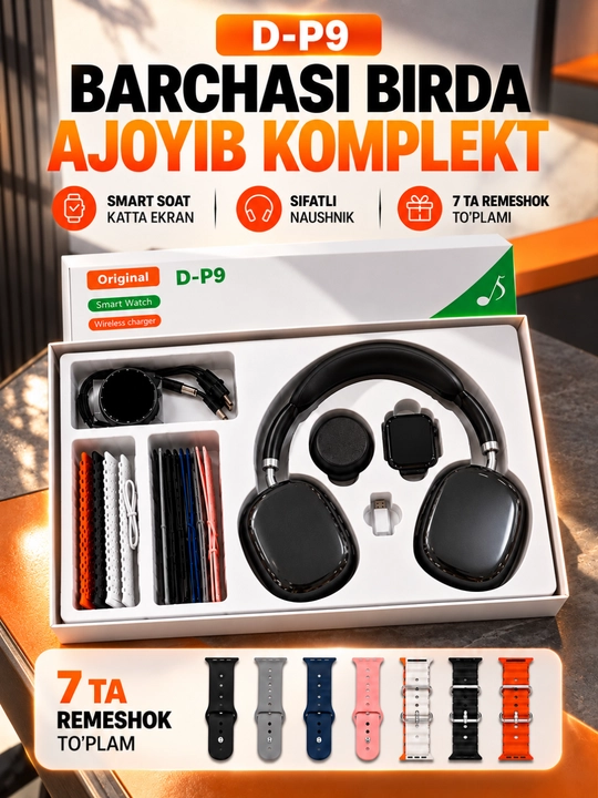Smart Watch to'plami D-P9 quloqchin, mini kalonka, 7 ta remeshok, sovg'a uchun nabor - 